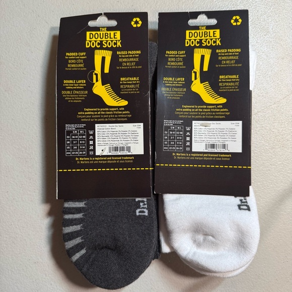 Dr. Martens Double Doc Socks 2- pair set S/M white charcoal padded - Picture 2 of 7
